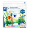 Cardboard box containing 24 watercolour pencils in assorted colours and 1 paint brush